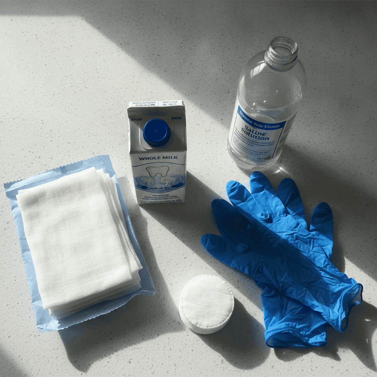 Kit de premiers secours dentaires avec lait, compresses et materiel d'urgence